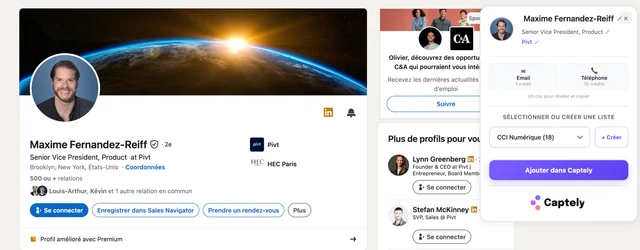 Extension Captely sur profil LinkedIn affichant email et numéro de portable