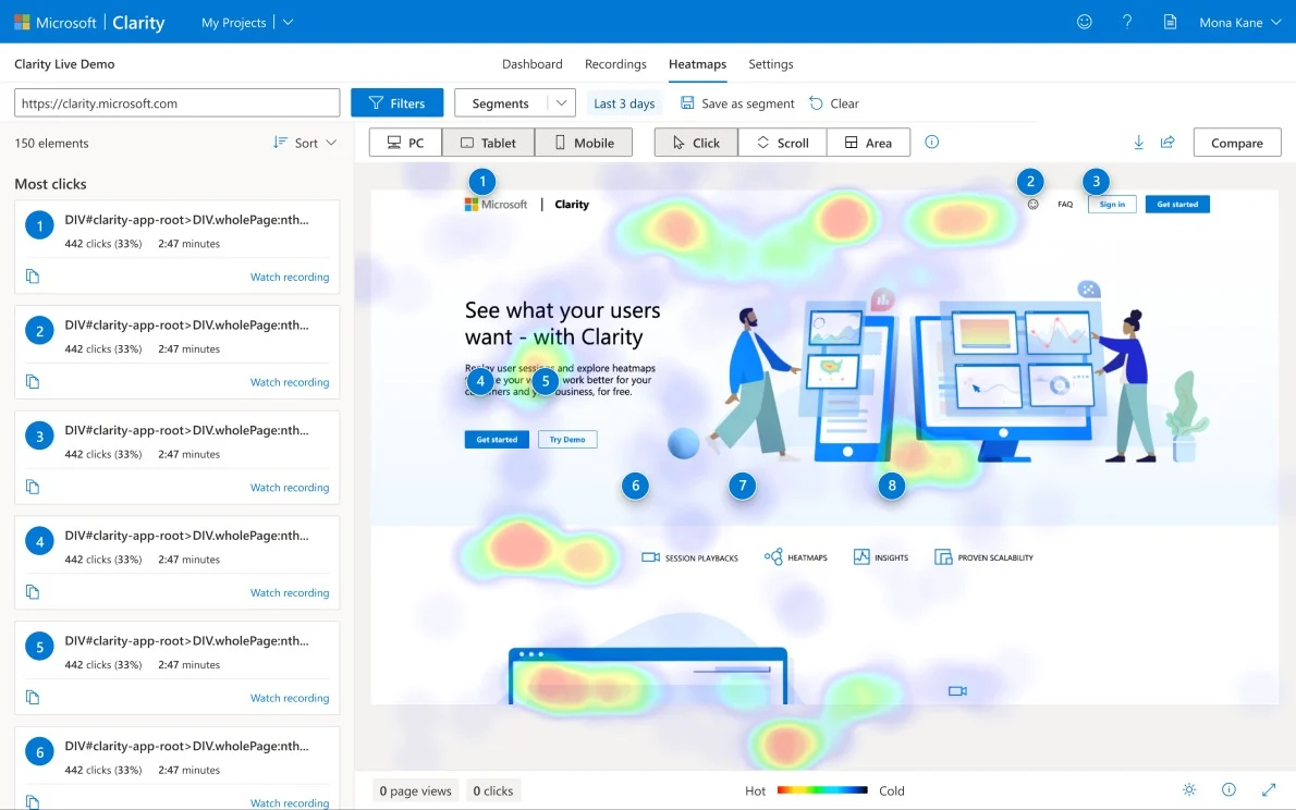Cartes de chaleur et enregistrements d'écran Microsoft Clarity